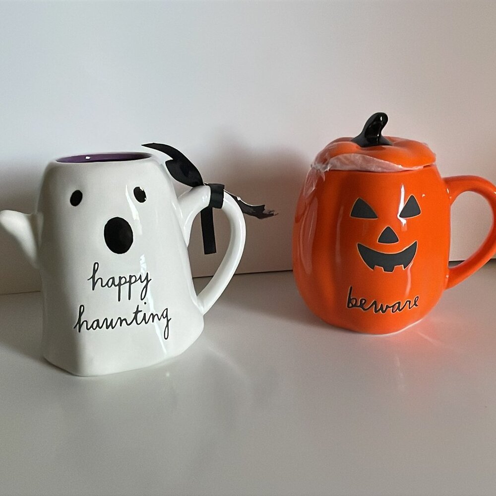 Rae Dunn Halloween Mug Set Ghost Happy Haunting Pumpkin Beware With Topper BNWB